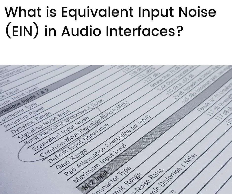 View of a spec sheet for an audio interface showing the equivalent input noise (EIN) figure