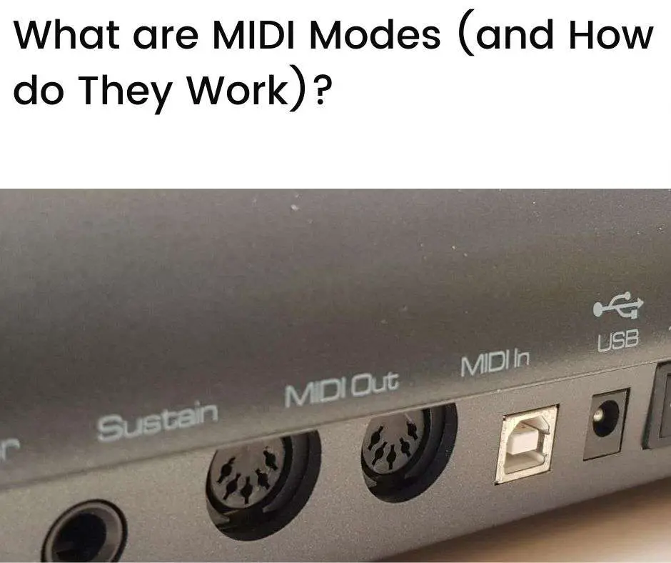 View of MIDI ports on back of a keyboard MIDI controller